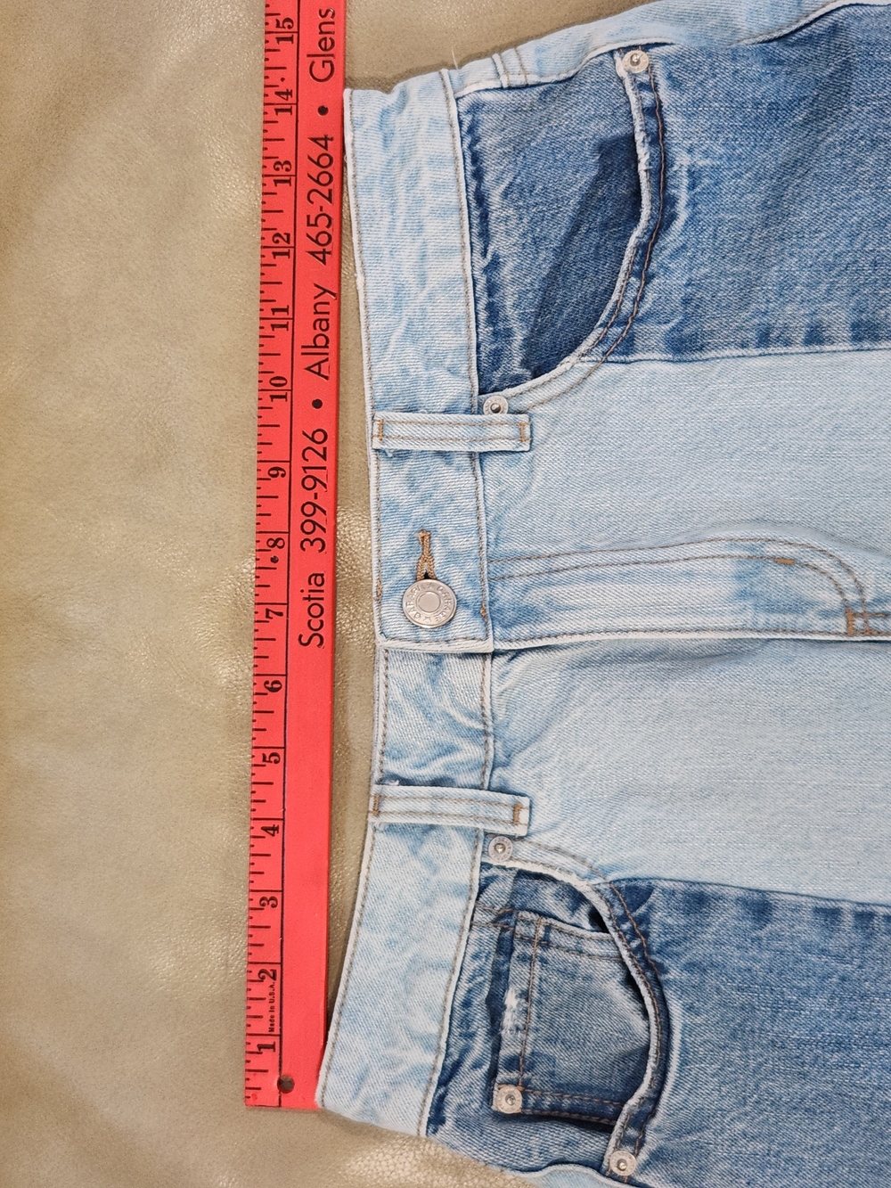 Garage Two Tone Colorblock Denim Patchwork Raw Hem Mini Skirt Size S - Picture 14 of 15